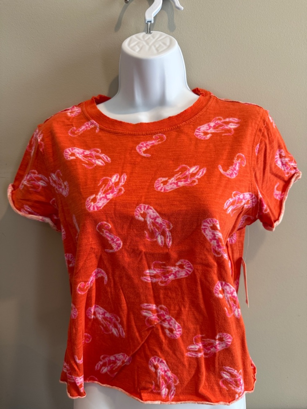 Maeve Orange Crop Top with Pink crawfish/lobster Print